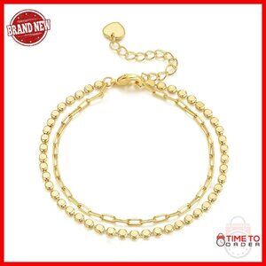 14K Gold Plated Double Layer Bracelet Flat Bead Paperclip Link Chain